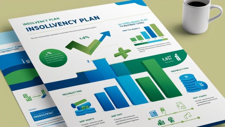 Diagramm eines Insolvenzplans mit Graphen, Diagrammen und strategischen Informationen.