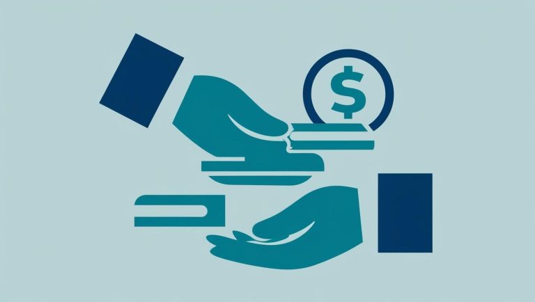 Symbolbild Insolvenzanfechtung: Zwei Hände tauschen Geldscheine und Münzen; ein Dollarzeichen ist abgebildet.