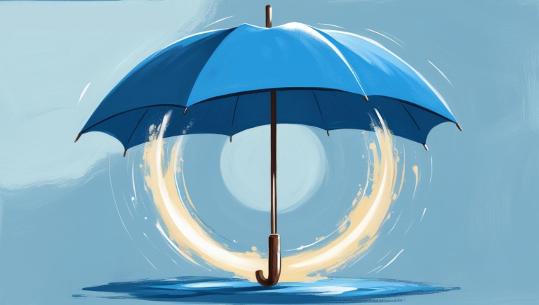 Symbolbild Schutzschirm. Ein blauer Regenschirm mit leuchtenden, spiralförmigen Effekten darum.