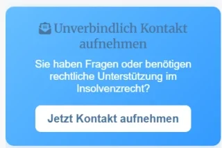 Blaue Schaltfläche zur Kontaktaufnahme im Insolvenzrecht mit Text und Icon.
