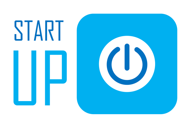 Logo mit dem Text "START UP" neben einem blauen Einschaltknopf-Symbol. Symbolisiert die Gründungsberatung