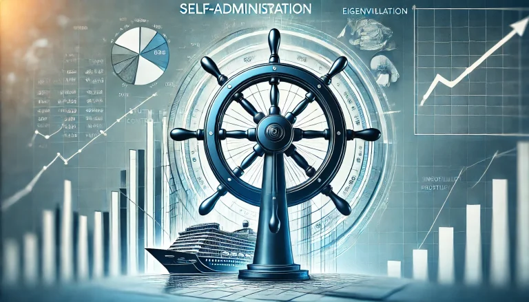 Symbolbild Eigenverwaltung: Navigationsrad mit Diagrammen und einem Schiff im Hintergrund, symbolisiert Führung und Analyse.