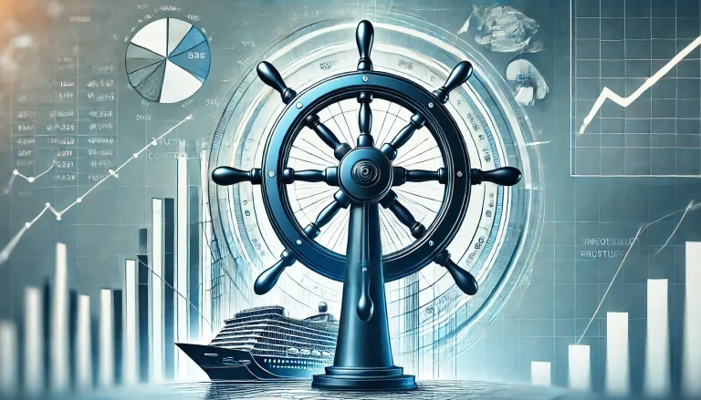 Navigationsrad mit Diagrammen und einem Schiff im Hintergrund, symbolisiert Führung und Analyse.