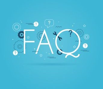 Text "FAQ" auf einem blauen Hintergrund mit grafischen Elementen und Fragezeichen.