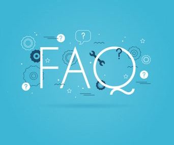 Text "FAQ" in großer, klarer Schrift auf blauem Hintergrund mit question marks und Symbolen.