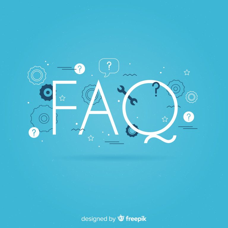 FAQ-Text in großen Buchstaben auf blauem Hintergrund, umgeben von Fragezeichen und Grafiken.
