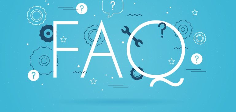 FAQs zur Schuldnerberatung Große Buchstaben "FAQ" auf einem hellblauen Hintergrund mit Fragezeichen und grafischen Elementen.